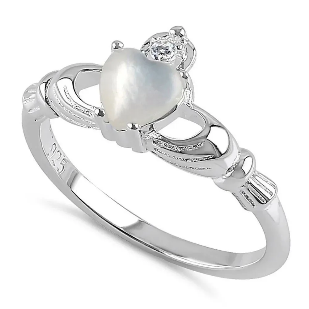 925 Sterling Silver Mother of Pearl Claddagh Ring - Heart & Crown Celtic Band